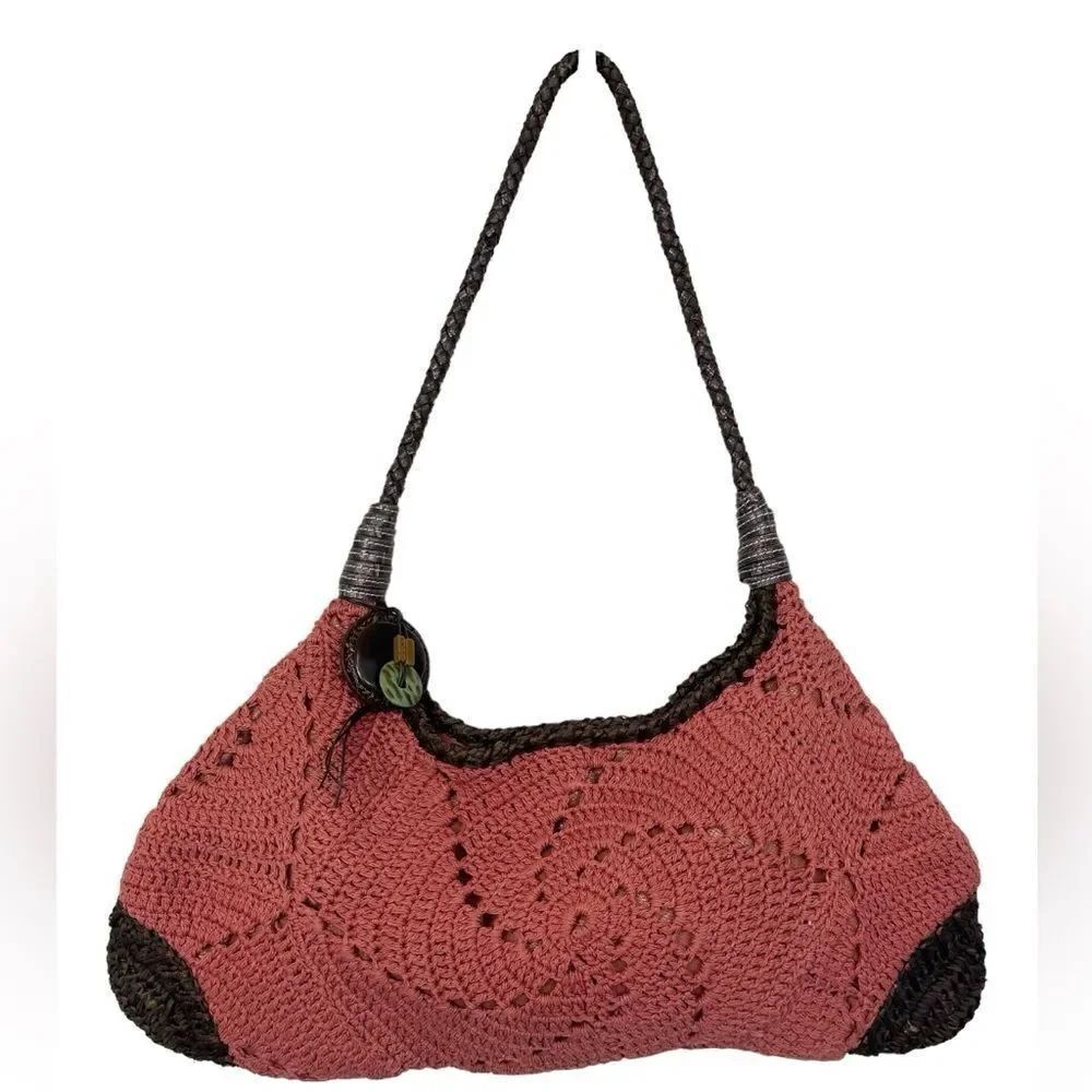 Liz Claiborne Vintage Y2K Rust Crochet Leather Trim Shoulder Bag